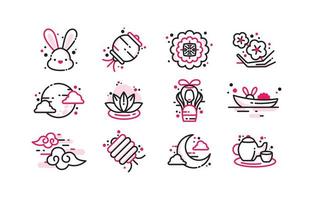 Cute Pink Mid Autumn Festival Icon Set vector