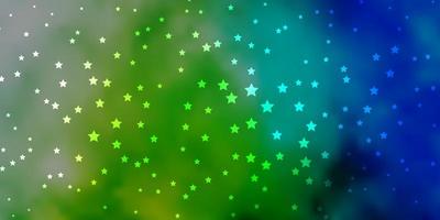 Fondo de vector azul oscuro, verde con estrellas de colores. Ilustración colorida brillante con estrellas grandes y pequeñas. patrón para envolver regalos.
