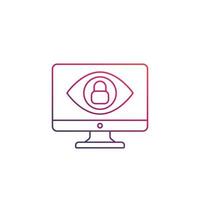 Monitoring, parental control icon, eye on computer screen with lock, linear vector