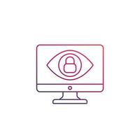 Monitoring, parental control icon, eye on computer screen with lock, linear vector