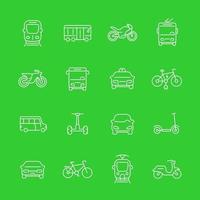 transporte de la ciudad, furgoneta de tránsito, taxi, autobús, taxi, metro, tren, bicicletas, scooters, conjunto de iconos de línea vector