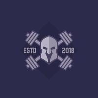 Gym logo, spartan helmet and barbells vector