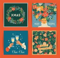 Set of Christmas and Happy New Year illustrations for card, poster and other use. Trendy retro style. vector