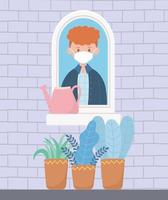 stay at home, man with mask in window with watering can and potted plants vector