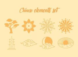 elementos orientales decoración bonsai flores pagoda nube iconos diseño de línea vector
