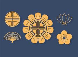 Abanico de flores y adornos orientales elementos decorativos establecer iconos diseño de línea vector