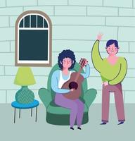 men with guitar in living room, quarantine stay at home vector