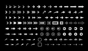 White arrows on black background, vector icons set, interface isolated symbols pack. Next, forward, previous buttons plain signs bundle. Cursors pictograms collection for web.