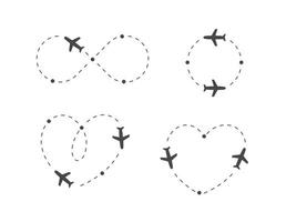 Airplane icon set. Plane silhouette and flight path dotted route. Path direction loop, shape of heart, circle, infinity symbol. Vector logo concept.