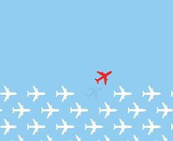 White airplanes group fly in one direction and only one red airplane fly in different way on blue sky background. Business concept pattern for innovative creative solution. Vector background.