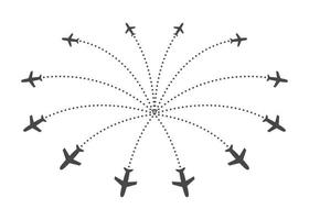 Planes flying with trace in different directions in a circle from one point. Radial fountain airplane. Airport abstract map. Departure icon. Vector illustration on white background.