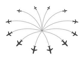 Planes flying with trace in different directions in a circle from one point. Radial fountain airplane. Airport abstract map. Departure icon. Vector illustration on white background.