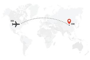 Airplane line path. Air plane flight route with start point and dash line trace. Plane icon over world map. Vector concept illustration.