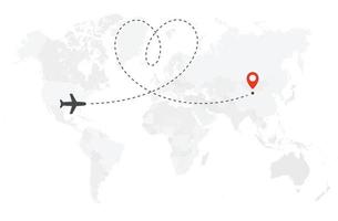 Romantic or honeymoon trip. Airplane line path. Air plane flight route with start point and heart shaped route line. Vector concept illustration.