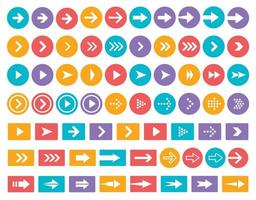 Arrows color vector icon set. Arrow in circle and rectangle isolated symbols pack. Next, forward, previous buttons colorful signs bundle. Cursors pictograms collection, material icons.