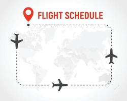 horario de vuelo en blanco, borde del marco en el fondo del mapa del mundo político. ruta de avión con aviones en la ruta y pin en el lugar de destino. ilustración vectorial. vector