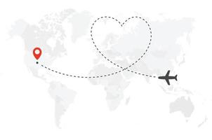 Romantic or honeymoon trip. Airplane line path. Air plane flight route with start point and heart shaped route line. Vector concept illustration.