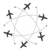 aviones que vuelan con rastro en diferentes direcciones en un círculo desde un punto. mapa abstracto del aeropuerto. icono de salida. Ilustración de vector de silueta negra plana sobre fondo blanco.