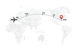 Airplane line path. Air plane flight route with start point and dash line trace. Plane icon over world map. Vector concept illustration.