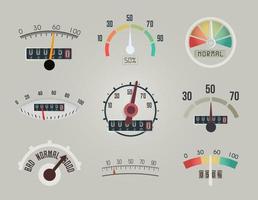 Set of measuring device display, arrow and scale on the meter screen of business indicator, speedometer icons, vector logo design.