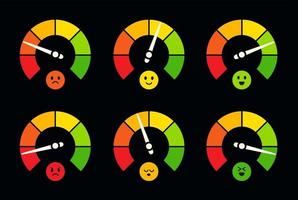 velocímetro, barómetro, conjunto de logotipos de indicador de combustible y gasolina. indicador de dial con emoji, colección de logotipos del sensor del tablero de instrumentos. medidores redondos de colores, escala de rendimiento empresarial. vector