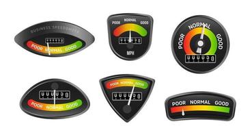 Analog business speedometers collection. Set of retro stylish icons on a black background in speedometer form. Vintage displays set with evaluation results. Vector illustration.