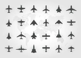 Set of jet plane, top view icons. Black silhouette airplanes, jets, airliners and retro planes. Isolated vector illustration.