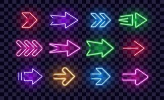 Neon Right Arrows colorful vector icons set. Realistic glowing pointers on transparent background. Location indicator for casino, bar, cinema, night club and motel, isolated symbols pack.