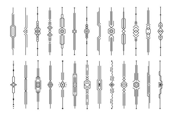 Dividers collection, vertical decorative lines, set of futuristic border lines, scroll bar templates for web page interface, ui, book pages, card and menu. Isolated vector illustration.