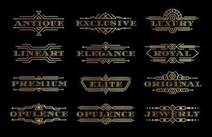 Conjunto de etiquetas de calidad premium doradas, plantilla de logotipo de texto dorado con contorno de contorno, logotipo elegante con marco lineal, elemento decorativo de lujo, colección de emblemas vintage, ilustración vectorial aislada vector