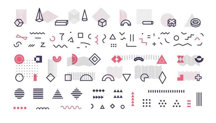 Simple geometric lines, memphis style shapes and patterns, big collection for memphis design decorate, decorative geometrical elements set
