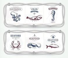 Plate, menu, board with frame of rope and anchors. Logo templates with sea animals. Concept for seafood restaurants. Isolated Vector Graphics