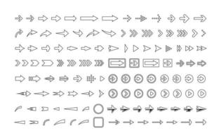 Arrows big collection, with borders and shadows, vector icon set. Paper monochrome sticker pack. Simple design template for web, advertising, business, presentation and other design projects