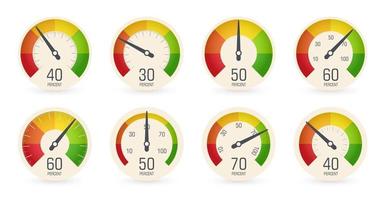 Dial speedometers, barometers logo set. Round scale, speed, weight, power, percentage indicators collection. Fuel, petrol gauge, car dashboard icon. Isolated business performance vector iillustration.