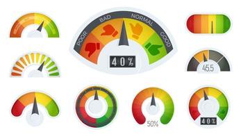 Business meter logos template. Cartoon realistic business indicator icons set, quality scale. Infographic for business rating and quality control, vector illustration.