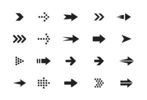 Arrows black and white vector icons set. Pointers in circle and rectangle isolated symbols pack. Next, forward, previous buttons monochrome signs bundle. Cursors pictograms collection.