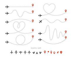 Set icons of travel way by plane. Takeoff and landing of a passenger plane. Flight route infographic elements. Flight by airplane, aviation tourism vector isolated illustrations collection.