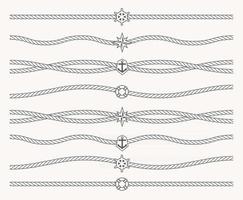 Set of Nautical rope with marine symbols in center of line. Border line, underline, line for frame. Seamless sailor pattern.