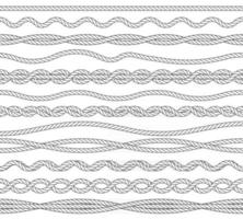 Conjunto de ilustraciones vectoriales de contorno monocromo de cuerdas náuticas. paquete de bordes sin costura de contorno simple marino aislado sobre fondo blanco. nudos, retorciendo cuerdas fuertes elementos de diseño de línea delgada vector