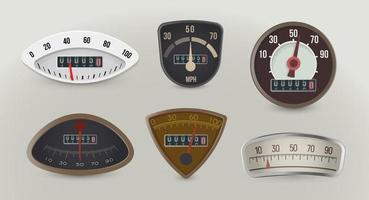 Speedometers, speed gauges realistic vector illustrations set. Retro vehicles round, triangular indicators with odometer counters. Isolated vintage automobile dashboard equipment, mph measuring device