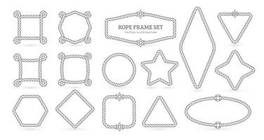 Conjunto de bordes de contorno creativo de vector de cuerdas náuticas. paquete aislado de marcos de contorno vacíos marinos. líneas finas, cuadrados, círculos, formas de estrella con hilos retorcidos colección de ilustraciones lineales