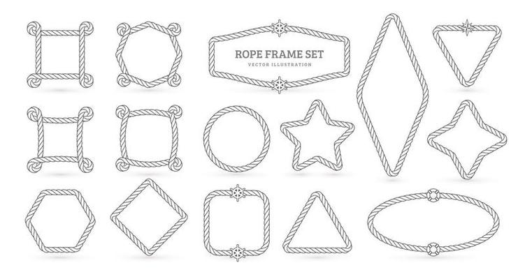 Nautical ropes vector creative outline borders set. Marine empty contour frames isolated pack. Thin line square, circle, star shapes with twisting threads lineart illustrations collection