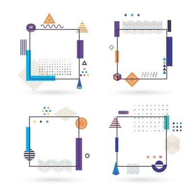 Isolated colorful funny kids geometry notebook page template vector illustration set. Abstract Geometric pattern office stationery elements collection, white blanks set.