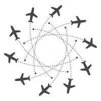 Planes flying with trace in different directions in a circle from one point. Airport abstract map. Departure icon. Flat black silhouette vector illustration on white background.