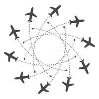 aviones que vuelan con rastro en diferentes direcciones en un círculo desde un punto. mapa abstracto del aeropuerto. icono de salida. Ilustración de vector de silueta negra plana sobre fondo blanco.