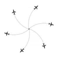 aviones que vuelan con rastro en diferentes direcciones en un círculo desde un punto. mapa abstracto del aeropuerto. icono de salida. Ilustración de vector de silueta negra plana sobre fondo blanco.