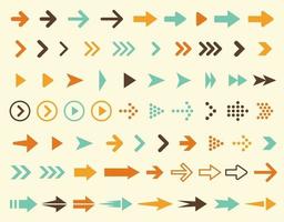 Collection of arrows icons in retro style and in vintage colors, large set of right pointers signs, vector illustration