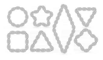 Nautical ropes vector creative outline borders set. Marine empty contour frames isolated pack. Thin line square, circle, star shapes with twisting threads lineart illustrations collection