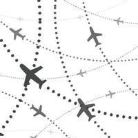 Airplanes pattern. Planes with dotted path direction. Aviation trip background concept. Vector illustration.