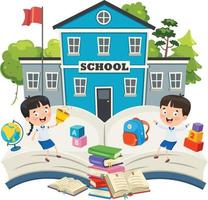 Funny Students and School Building vector